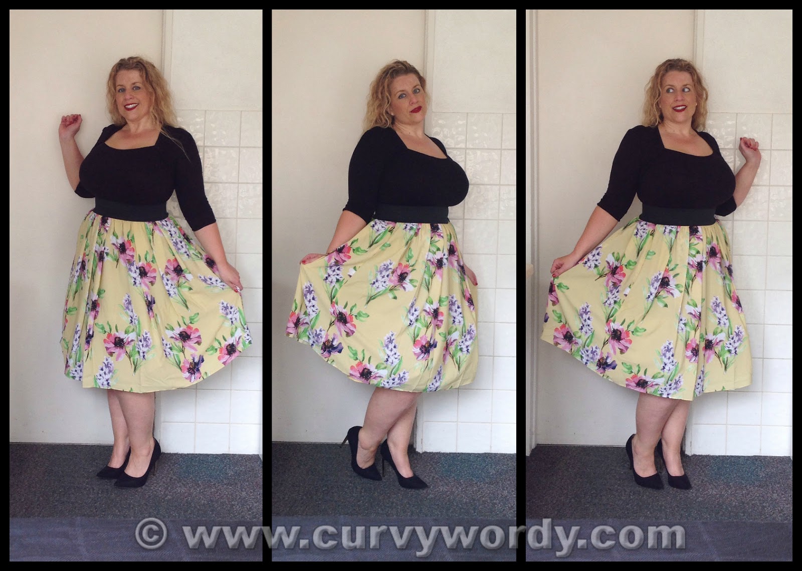 Evans Scarlett and Jo Black Jersey Crepe Top 14 and Evans Scarlett and Jo Yellow Floral Print Prom Skirt 14