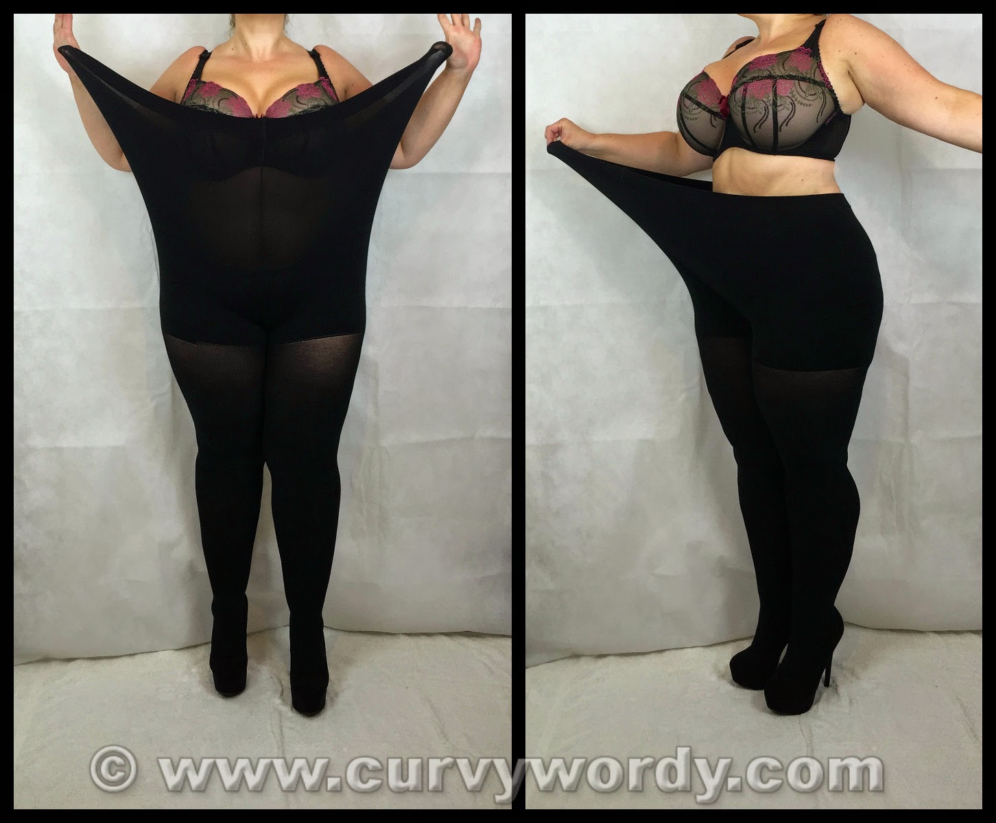 The Big Tights Company Comparison: the All Woman 180 Denier Tights size 22-32 compared with the the All Woman Cotton Woolly Feel Tights size 24-34